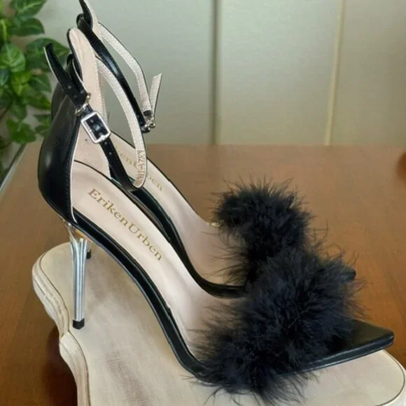 Eriken Urben WOMEN'S STRAPPY BLACK HEELS WITH FEATHERS Size 8 - Picture 11 of 15